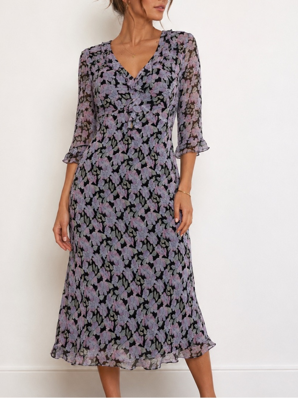 Vintage Jane Seymour Signature 100% Silk Floral Midi Dress Ruffle Neck 16 MS